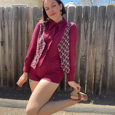 70s burgundy long sleeve romper with attached vest and dagger collar 