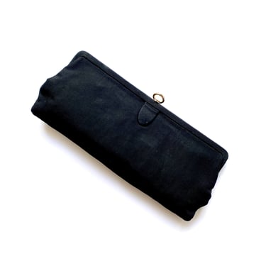 Vintage 50s 60s Large Clutch Long Black Kiss Lock Minimalist Purse // 1950s Handbag Bag 