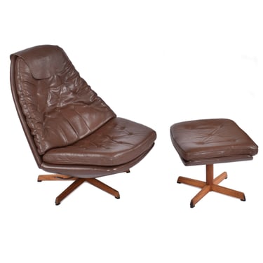 Restored Madsen & Schubel Danish Brown Leather and Teak Recliner with Ottoman 