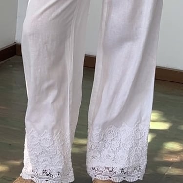 White Linen + Lace Easy Pants (M)