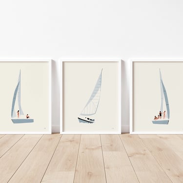 Sailboat Art Print, Set of 3, Nautical Artwork, Coastal Nursery Decor, Minimalist Artwork, Beach Decor, Living Room Wall Art 