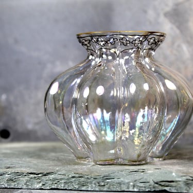 Blown Glass Mini Vase - Clear Iridescent with Hand Painted Floral Design - Clear Carnival Glass Mini Vase - FREE SHIPPING 
