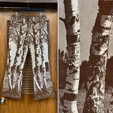 Vintage 1960’s w31 Photo Print Birch Tree Pop Art Denim Flare Jeans, 60’s Glam, 60’s Hippie, Vintage Clothing 