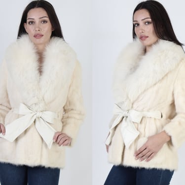 80s Platinum Mink Fur Jacket / Plush Ivory Arctic Fox Shawl Collar / Womens Luxurious Ivory Blonde Coat / Optional Leather Waist Tie 