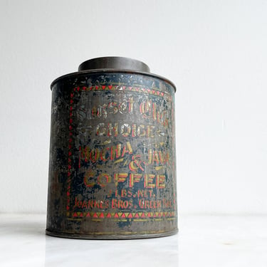 Antique Coffee Tin Black Metal with Lid Sunset Club Choice Mocha + Java Coffee Large Coffee Can Joannes Bros Green Bay WI Advertising 
