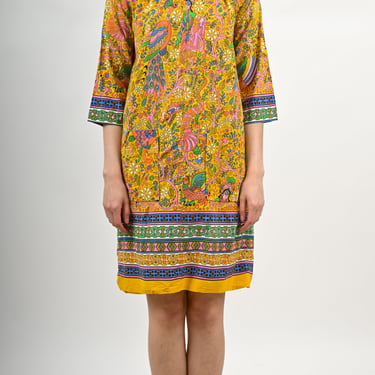1960s Bright Yellow Front-zip Novelty Print House Dress