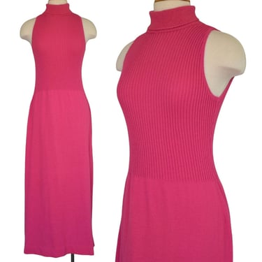 Vintage 70s Hot Pink Sweater Dress, Body Con Mixed Knit Maxi Dress, Barbiecore, Size S Small 