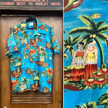Vintage 1970’s Size XL Cartoon Tropical Hula Girl Poly Tiki Disco Hawaiian Shirt, Vintage Clothing 