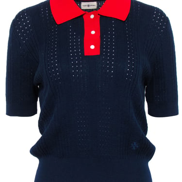 Tory Burch Sport - Navy Knit Polo Top w/ Red Contrast Collar Sz L