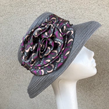 Vintage soft heavy weave fabric grey hat brim boater with multi color silk bow band 21” By Designer Millinery 