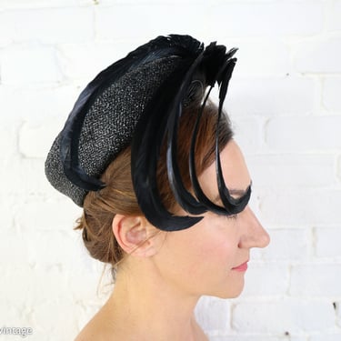 1950s Black Feather Fascinator | 50s Black Woven Raffia Hat With Feathers | Miss Farol Seattle 
