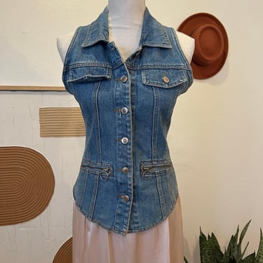 Vintage 80s Blue Cotton Denim Button Front Zipper Pockets Fitted Vest Top Size M 