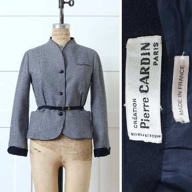 designer vintage 1980s Pierre Cardin belted blazer • tailored short wool jacket in blue houndstooth pattern 