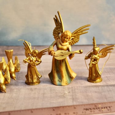 Vintage 1950s 3 Gold Doves and 3 Musical Angel Ornaments Collectible Christmas Decor Gift Manger Village Tree Ornament Manger Angels 