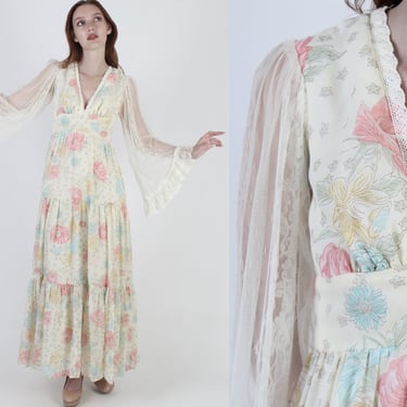 Angel Kimono Sleeve Dress / Wide Sheer Lace Bell Angel Sleeve / Vintage 70s Garden Pastel Flowers / Romantic Country Prairie Maxi 