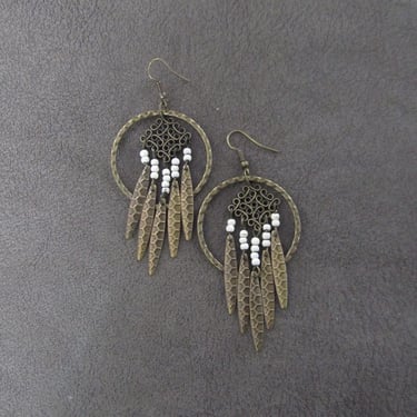 Hammered bronze hoop dreamcatcher earrings, Bohemian boho earrings 
