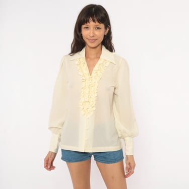 Vintage Ruffle Neck Sheer Shirt / White Button Up | Smock Walker