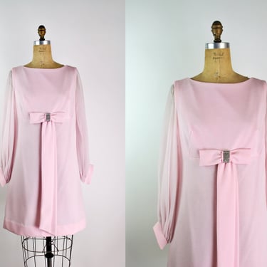 60s Mod Pink Mini Dress / 60s Bow Dress / 1960s Party Dress / Vintage Pink Dress / Megan Draper Dress / Size M/L / Free US Shipping 