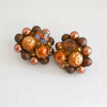 1950s/60s Brown Bead Cluster Clip Earrings 