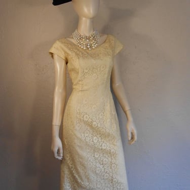 Lets Make It Legal - Vintage 1950s Emma Domb Lightest Lemony Cream Lace Wiggle Dress - 4/6 
