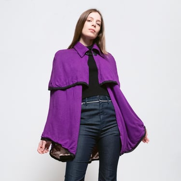 One Size 70s Boho Purple Wool Cape | Retro Vintage Mod Poncho Coat 