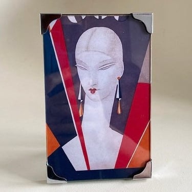 Art Deco Very stylish 1930s Vintage Chrome Modernist photo frame with Art Deco lady print by BakeliteBa