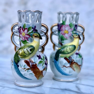 Vintage Art Deco Porcelain Bird's of Paradise Occupied Japan Bud Vases - a Pair