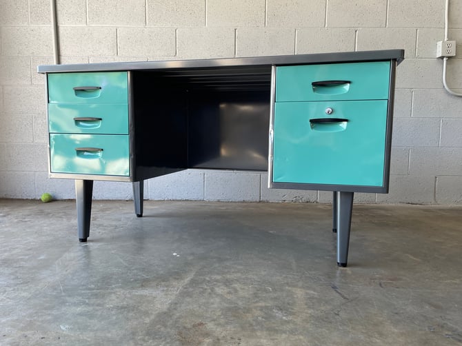 Rare Japanese Tanker Desk By Clipper, Refinished in Seafoam and Gray