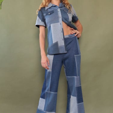 Patched Denim Print Knit Suit M-M/L