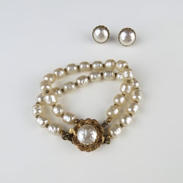 Signed Miriam Haskell bracelet and earrings set, rare, demi parure, baroque pearls, double strand, pierced 