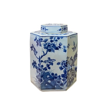 Chinese Blue & White Porcelain Flower Birds Scenery Hexagon Jar Container ws2730E 