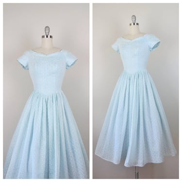 Vintage 1950s formal dress, party, fit and flare, eyelet, blue, evening, prom 