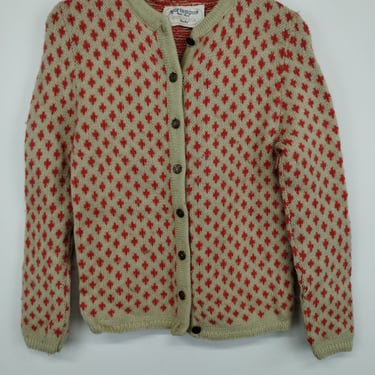 S 80s Sportempos Red Diamond Pattern Knit Cardigan Sweater Wool Small 1980s 1960s Fall Outdoors Norwegian Style Nordic Fair Isle 