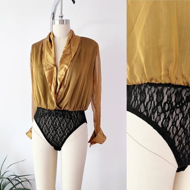 SIZE S/4 Vintage 1990s GOLD Bodysuit - Lace and Lame - Shimmer Glitter Gold Bronze Button Up Long Sleeve - Donna Degnan 