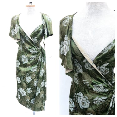 Vintage VTG 1930s 30s Green Metallic Brocade Wrap Dress with Caplet 