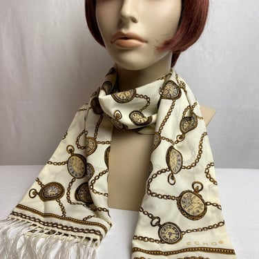 90’s Soft rayon fringed scarf novelty print watches timepieces 1990’s fashion long ascot style Women’s neck wear 