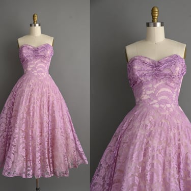 vintage 1950s Dress | Cotillion Lavender Lace Strapless Full Skirt Party Prom Dress | XS Small 