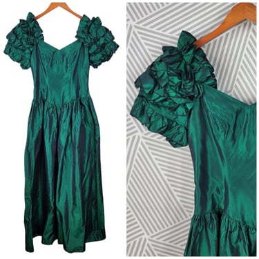 Vintage 80s Taffeta Formal Prom Dress Back Puff Ruffle Sleeve Sz 6/8 Green Maxi 