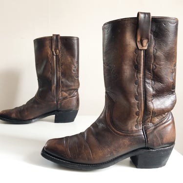 Vintage 1970s Wrangler tooled bronze boots | ‘70s Western style brown boots, 10B 