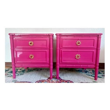 A Pair of Hot Pink High Gloss Faux Bamboo End Stands/Nightstands/End Tables 