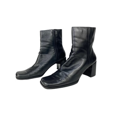 1990's Nine West Black Leather Chunky Heel Ankle Boots Inside Zipper Size 10.5 