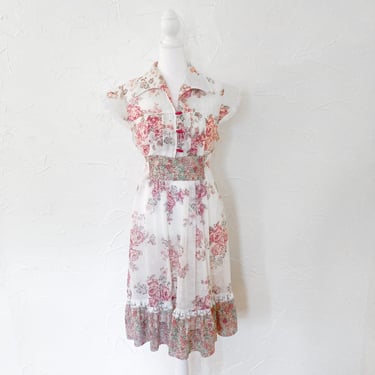 70s Sheer White Cotton Floral Rose Print Collared Peasant Apron Dress | Large 