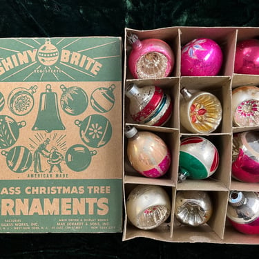 shiny brite ornaments vintage mercury glass Christmas balls 1950s one dozen pink indents 