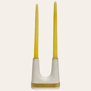 Vintage Ernest Sohn Creations Candlestick Holder Retro 1960s Mid Century Modern + White + Gold + Ceramic + Holds 2 Candles + MCM Home Decor 