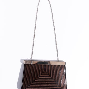 FENDI 70s Brown Leather Striped Frame Clutch with Crossbody Chain