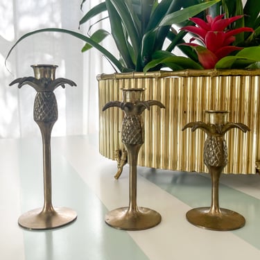 Set of Three Brass Palm Tree Candlesticks