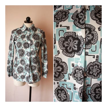 70s  Blue Atomic Print Blouse with Dagger Collar Hawaiian Floral Size S 