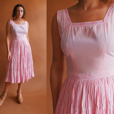 Vintage 50s Tiered Gingham Dress/1950s Pink White Sleeveless Cotton Summer Dress/ Size Medium 28 