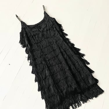 1960s Black Fringe Dress with Rhinestone Straps 