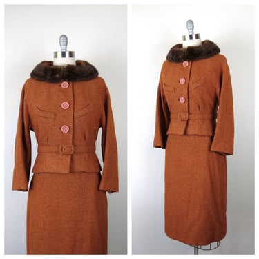 Vintage 1960s boucle wool skirt suit mink collar 2 piece set jacket and skirt 